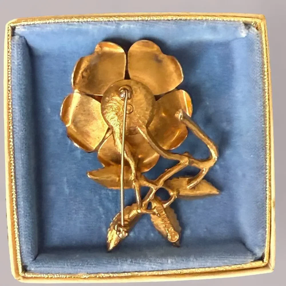 Vintage Sarah Coventry “Ember Flower” Brooch 3D Etched Art Deco Gold Tone Topaz